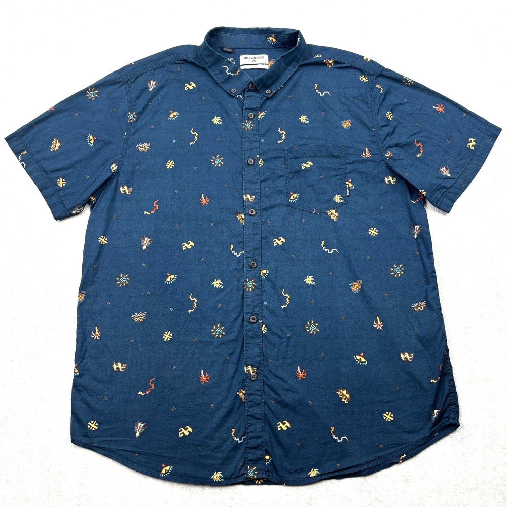 Billabong Mens XL Blue Tribal Surf Micro Print Short Sleeve Button Down Shirt